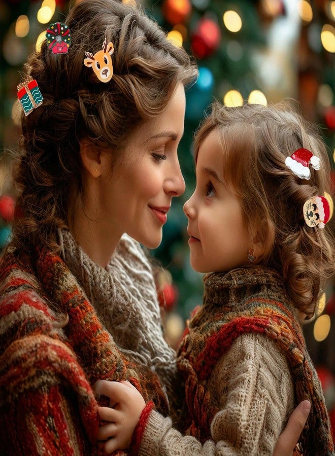 12 مشبك شعر بتصميمات عيد الميلاد: بابا نويل، شجرة عيد الميلاد، منزل، أيل وقبعة. مشابك صغيرة ذات تثبيت قوي، مثالية للنساء والفتيات. - Image 3